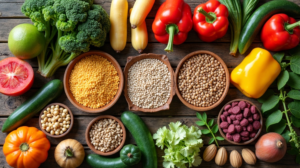 Colorful variety of fruits, vegetables, legumes, grains, nuts, and seeds arranged on a wooden table.